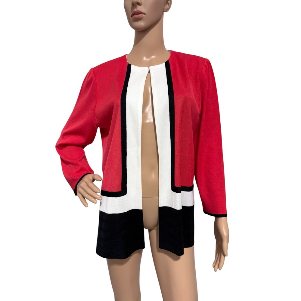 Misook Colorblock Knit Jacket Cardigan Shoulder Pads Hook Eye Size L - Picture 2 of 10
